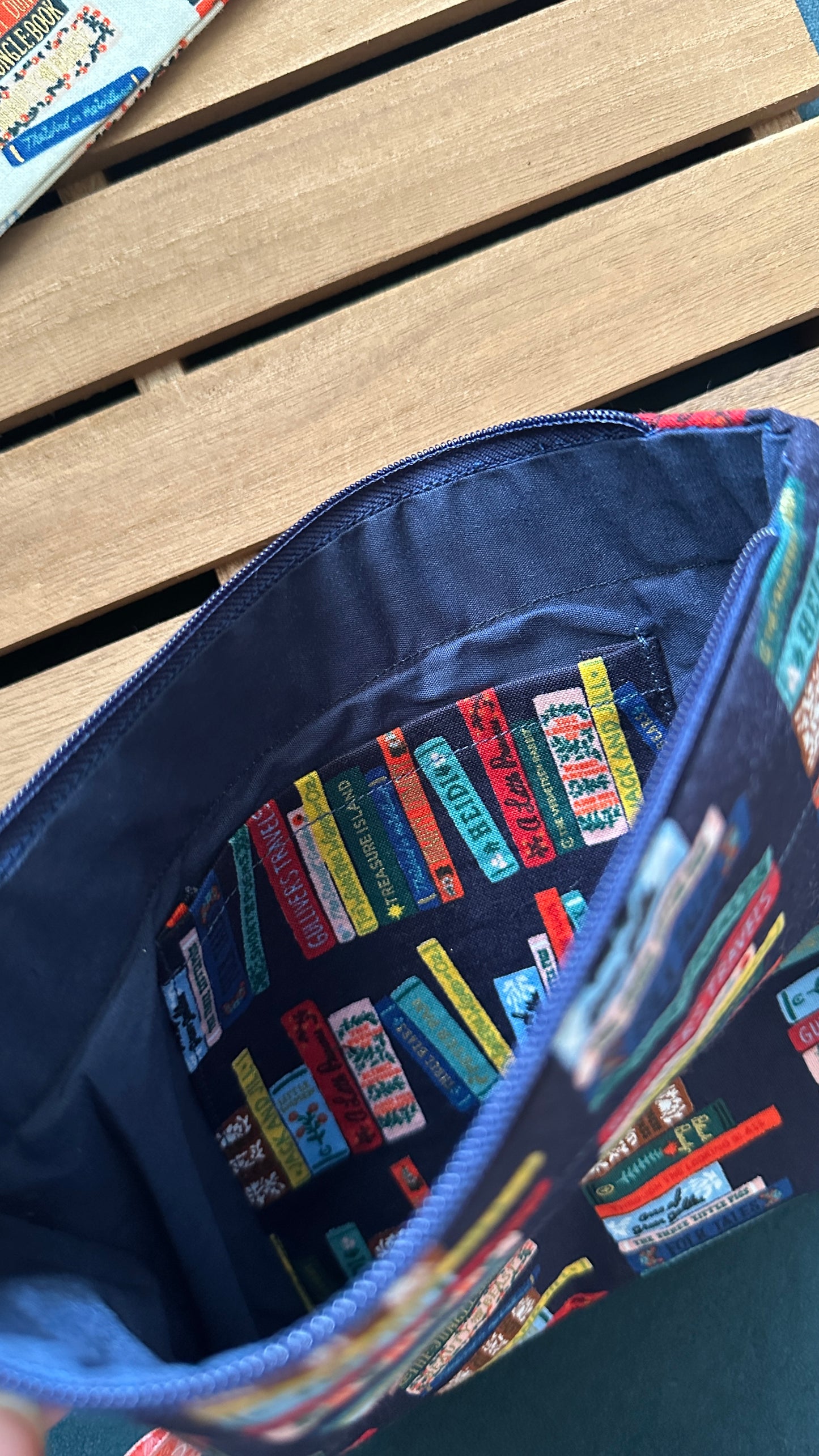 08/05 Poppy Bloom: Nostalgic Book Stack Navy Zip Pouch